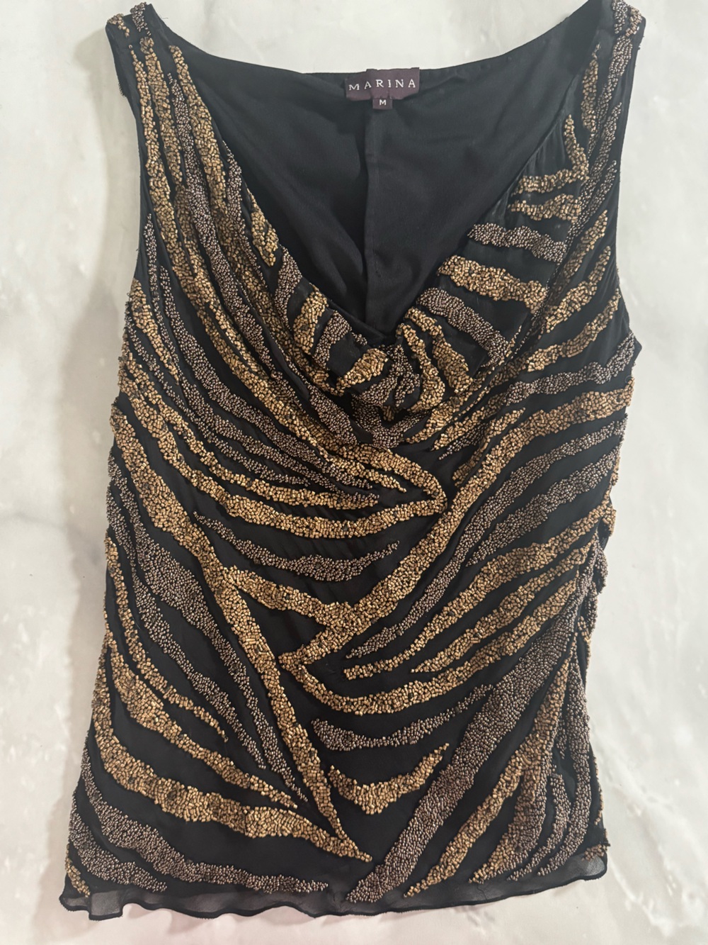 MARINA Black and Gold Beaded Cowl Tank medium